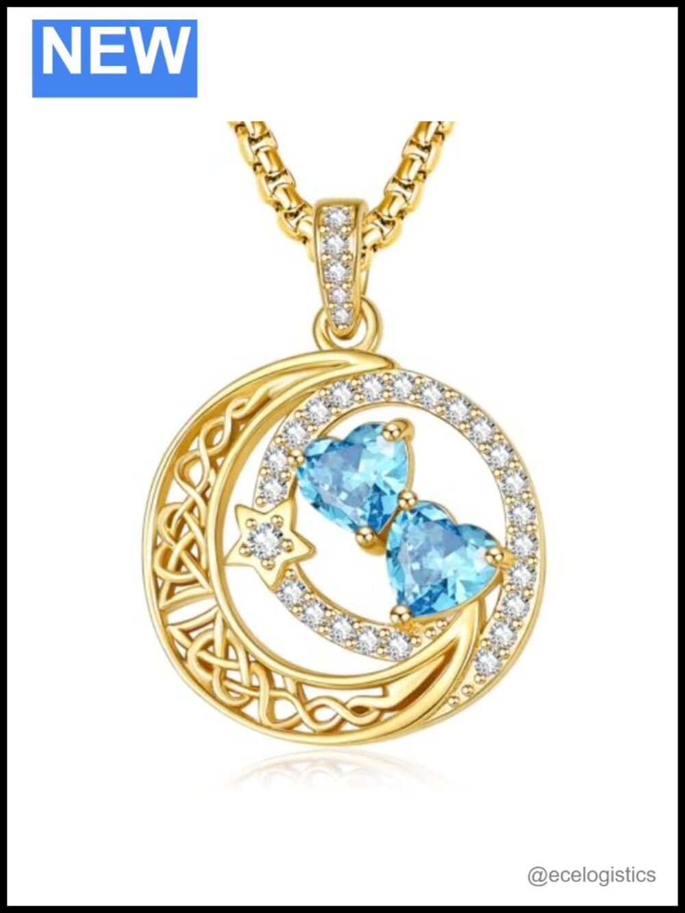 14K Gold Plated Moon Star Double Birthstone Necklace for Women